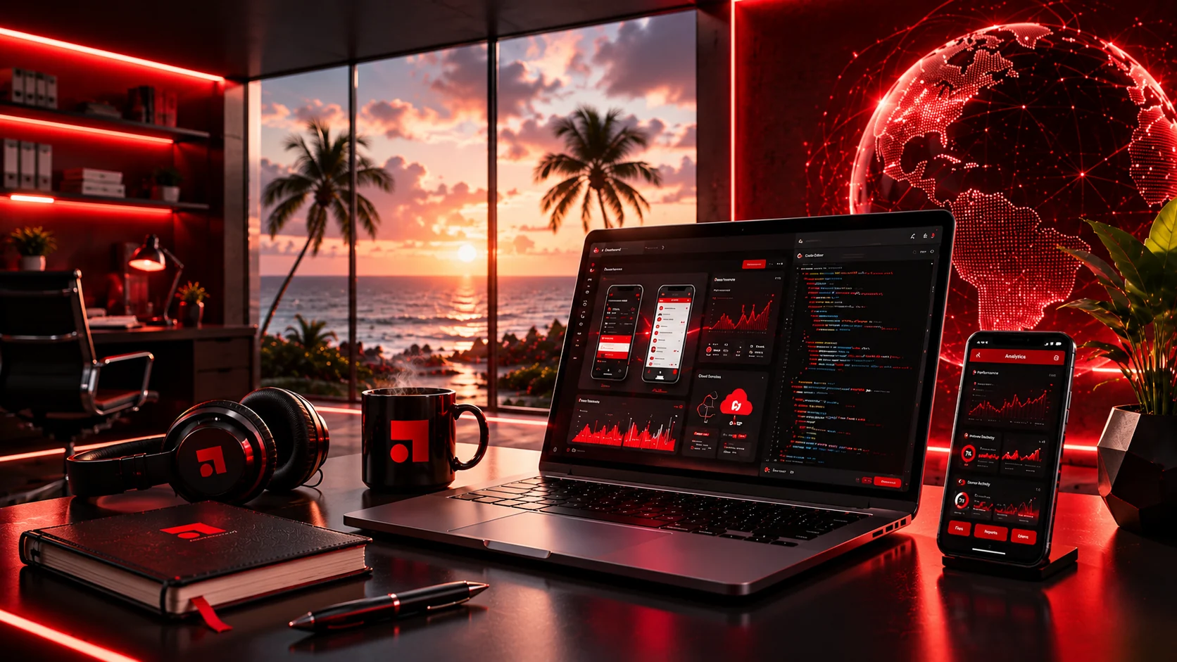 Aerosoft workspace in Grand Cayman - dashboards on laptop, phone and tablet