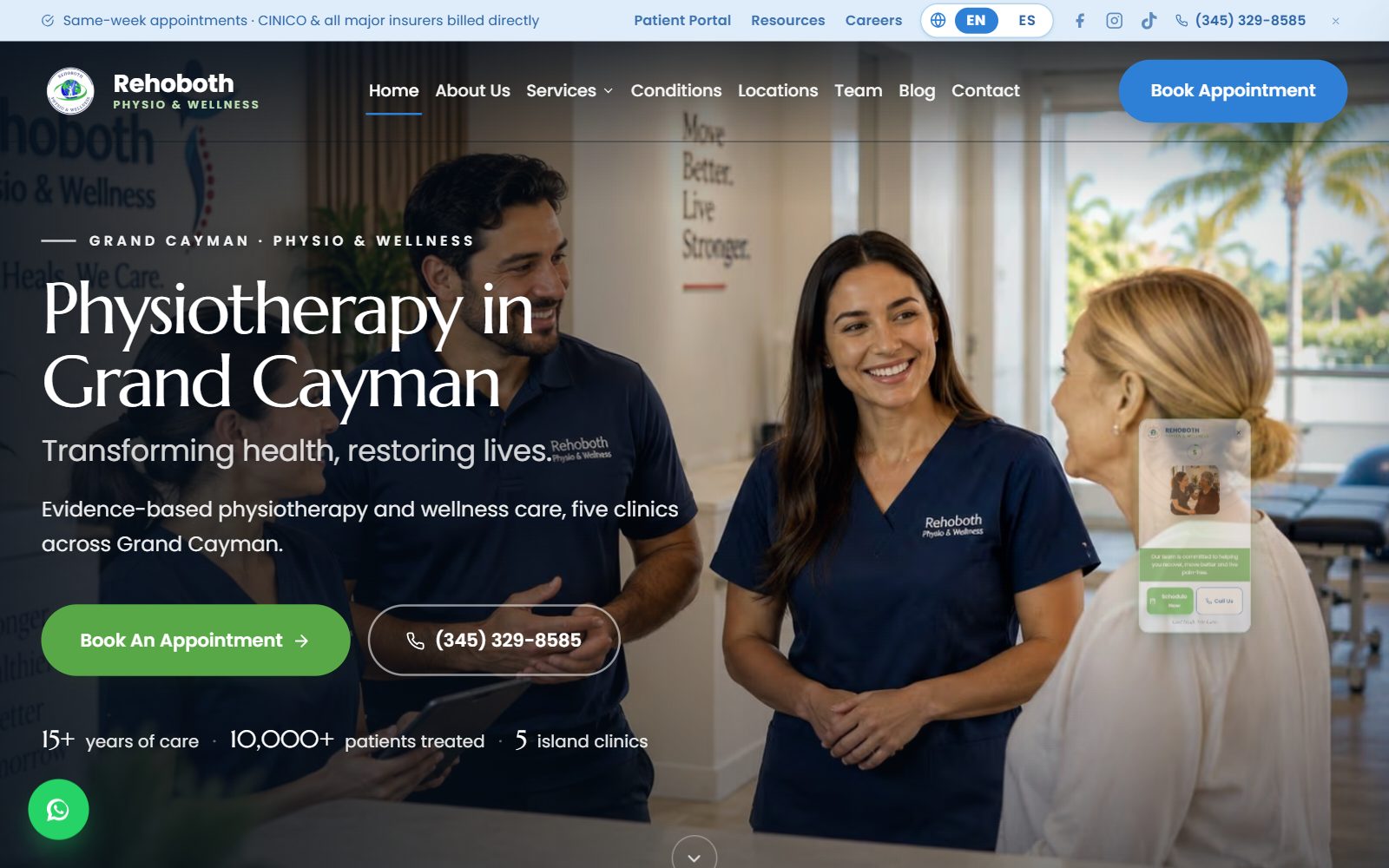 Rehoboth Physio multi-clinic booking and operations platform built by Aerosoft Cayman