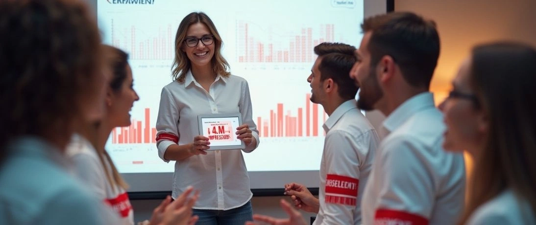 A woman presents Twitter marketing services to a team