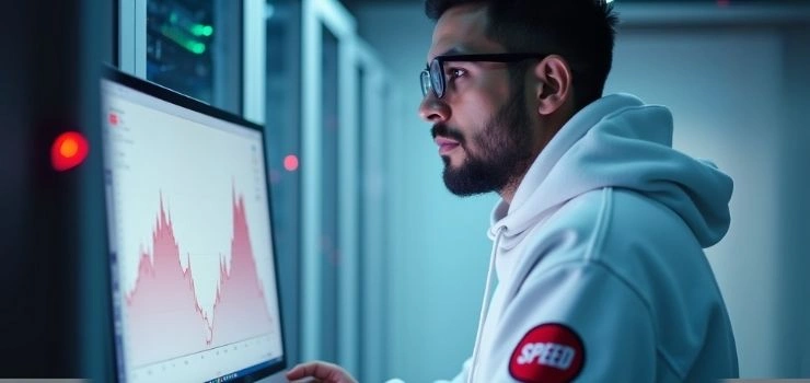 A man working on a computer showing website SEO audit services charts