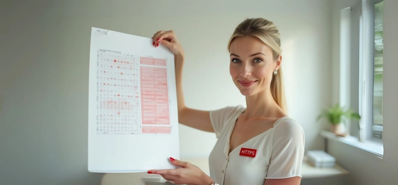 A smiling woman holds a paper with a chart for a technical SEO audit service