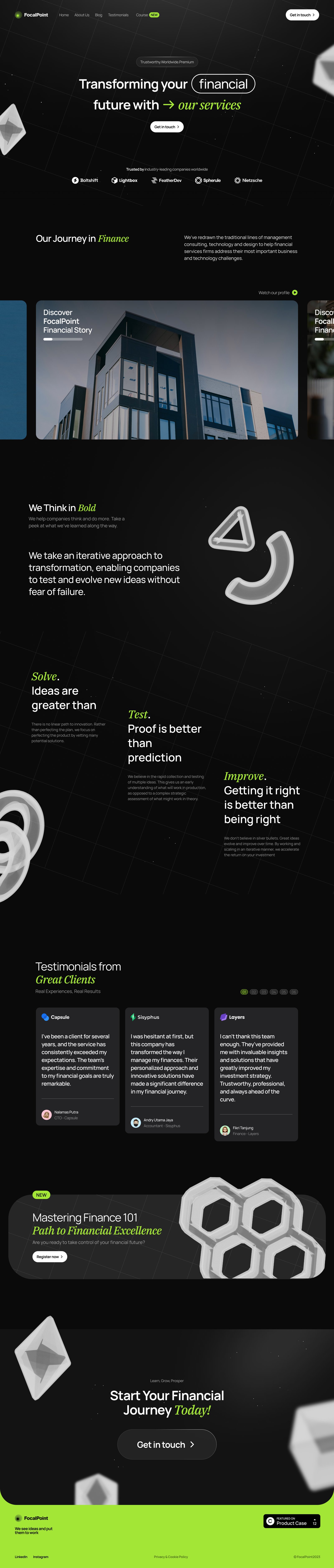 Focalpoint webpage with a dark background, showcasing services, values, and testimonials.