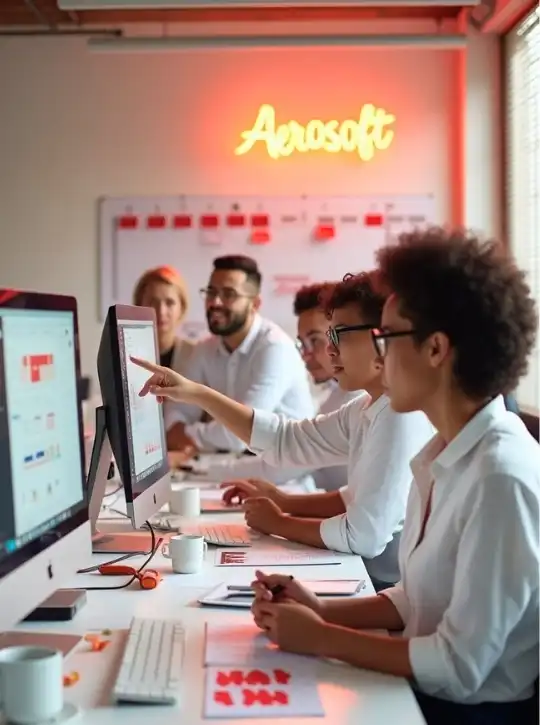 A team of developers working at their desks with a neon "Aerosoft" sign