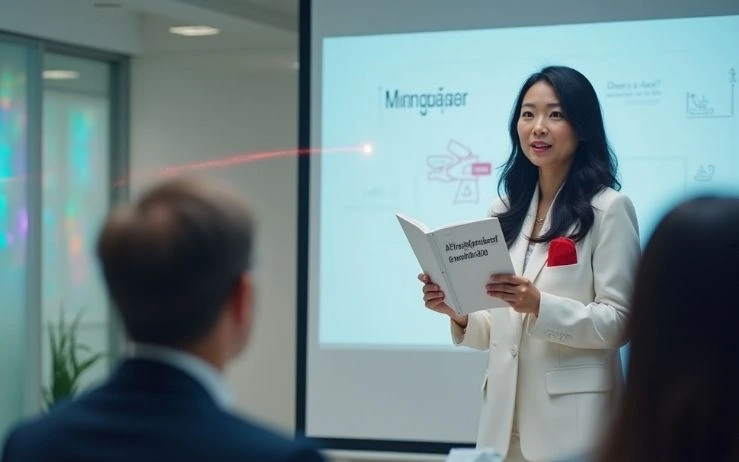 An AI consultant giving a presentation to a team in an office meeting