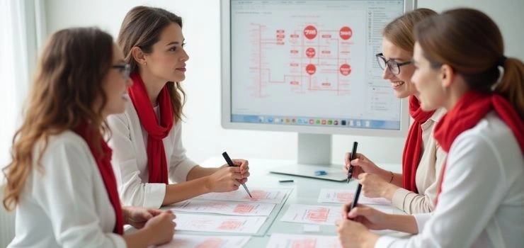 An AI consultant analyzing a strategy on a tablet with a graph on a computer