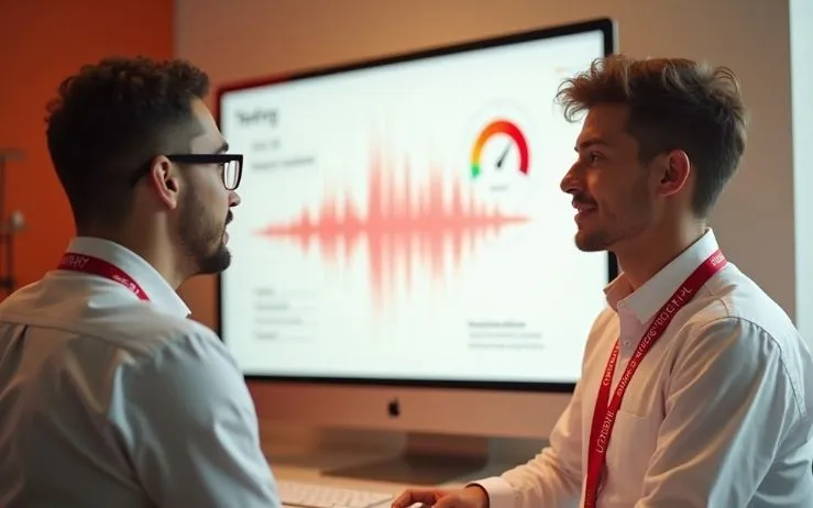 AI agent development company team reviews a project on a computer with a data visualization.