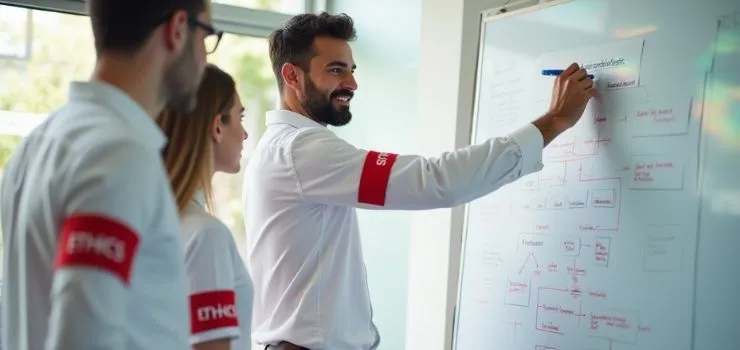 A team member smiles while sketching a flowchart on a whiteboard at an AI agent development company