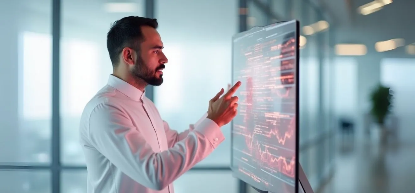 A man interacts with a transparent screen showing a visual data for custom AI agent development