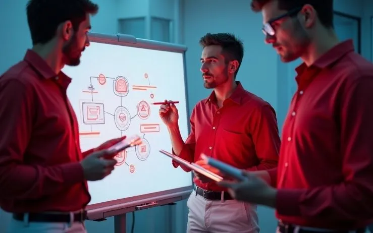 Team brainstorming AI workflows on a whiteboard, representing an AI Automation Agency