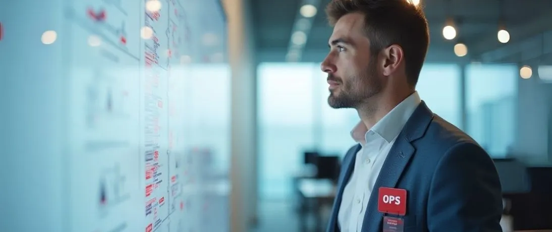 A man reviewing complex diagrams on a glass wall for AI Automation Services
