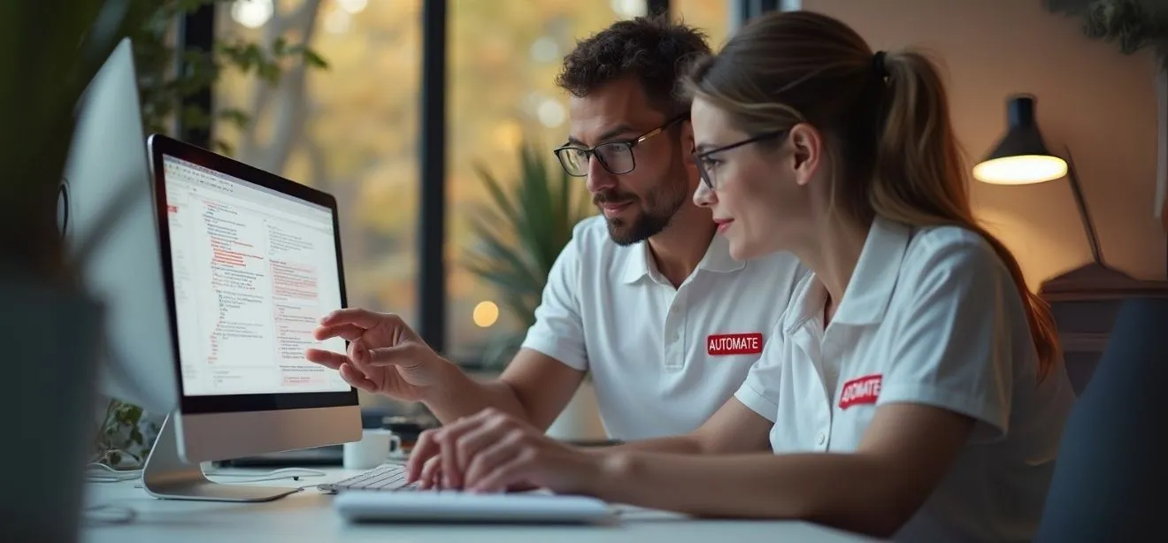 Two colleagues collaborating on code, showcasing skills of AI Automation Specialists