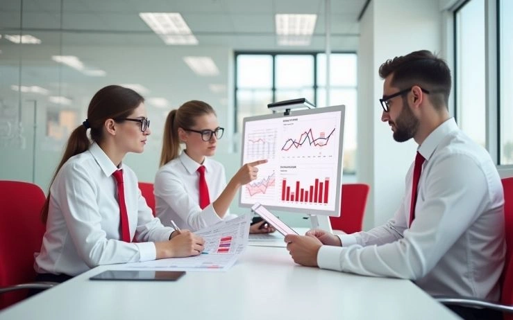 Professionals analyze financial charts, a core task of Accounting and Bookkeeping Services