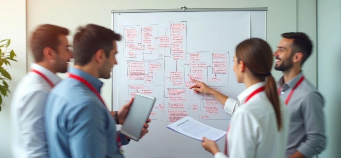 Team discusses a flowchart, a key element of Business Bookkeeping Services