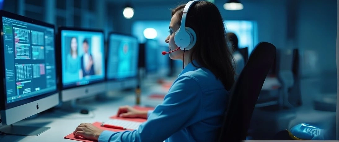 A back office worker wearing a headset, providing back office outsourcing services
