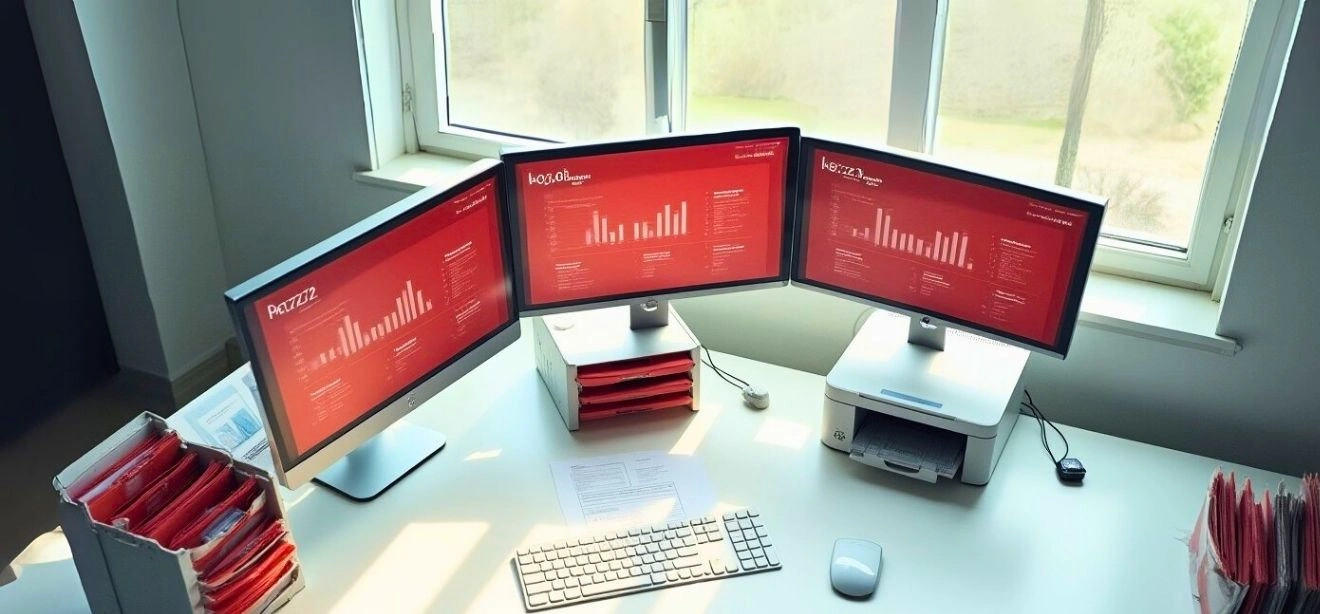 A back office desk with three monitors showing charts, a service provider