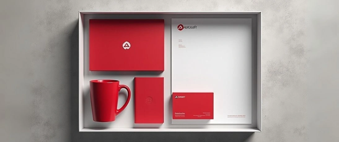 A branding kit with a mug, notepad, and business cards