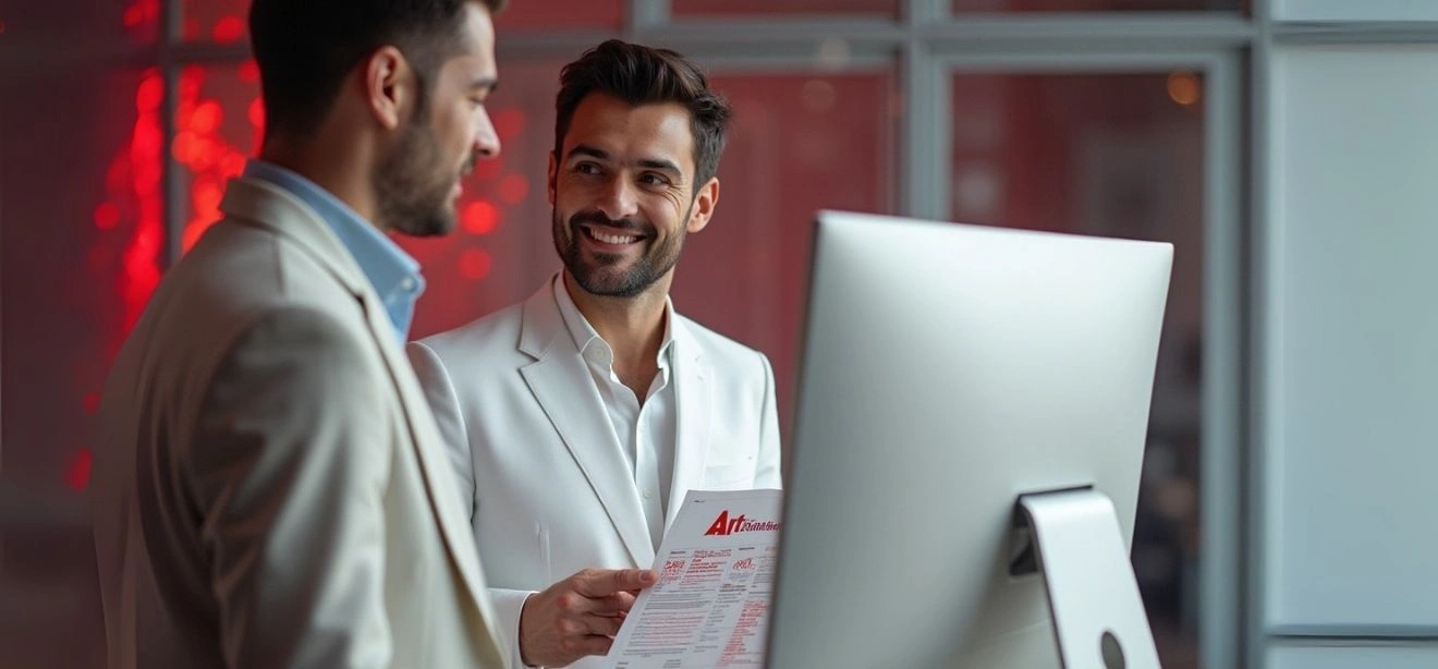 Two men discussing documents in front of a computer, a branding and design agency