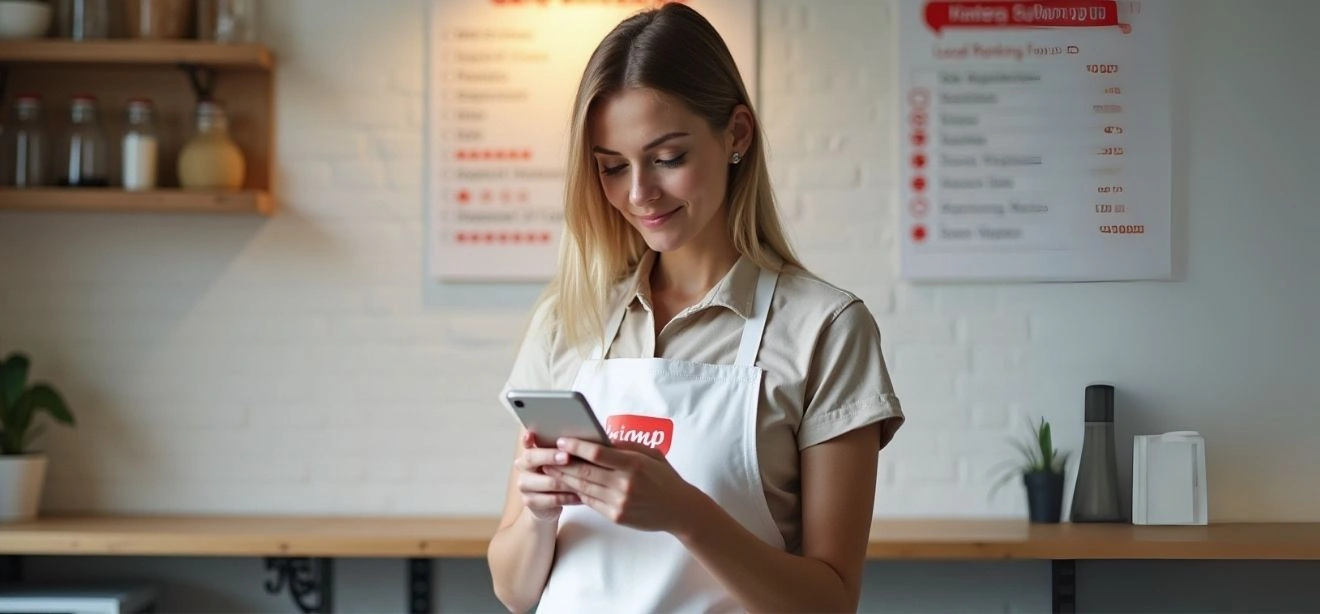 A barista checking her phone, a local business listing service in action