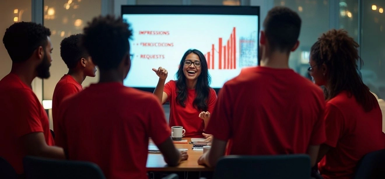 A team in red shirts discussing business growth, a citation building service