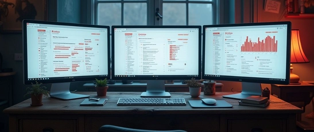 Multiple monitors show data and graphs, used by our expert outsource chat support team