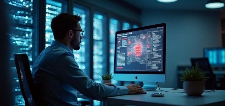 An IT professional working on a computer, a cloud engineering service provider