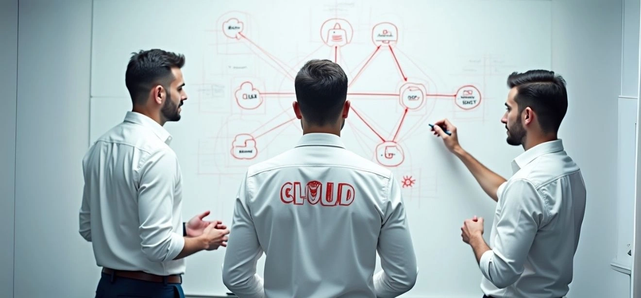 A team of men working on a whiteboard for cloud engineering solutions