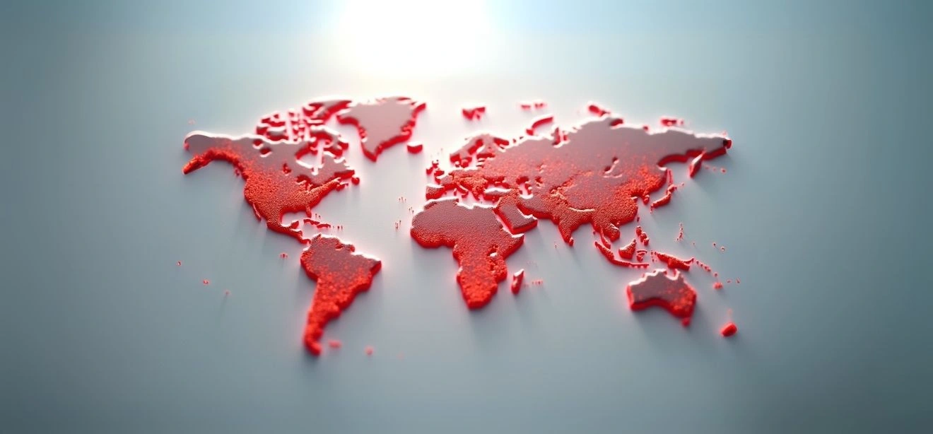 A red 3D world map, representing global cloud engineering services