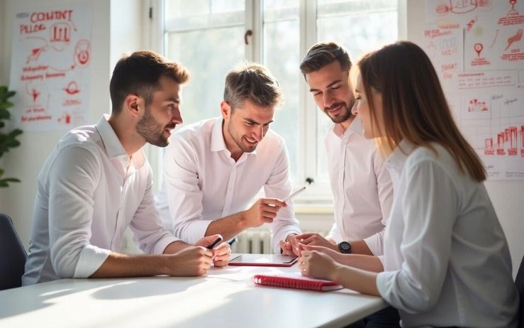 A team of content marketing specialists collaborating around a tablet, brainstorming ideas