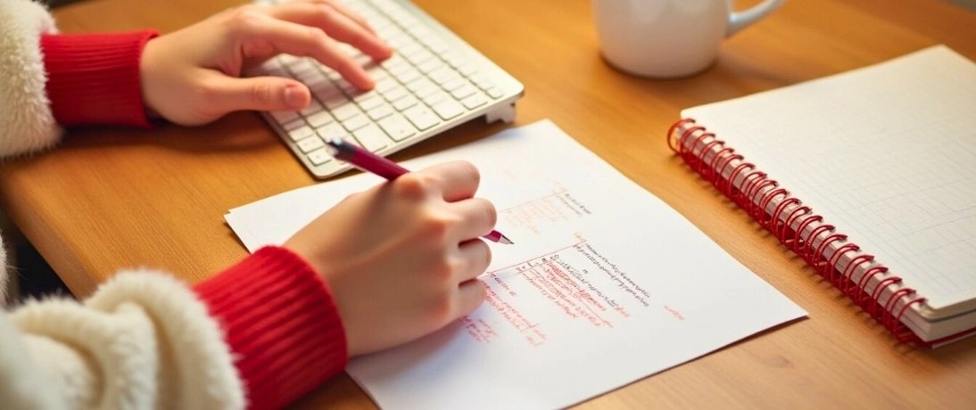 A content marketing manager writing and editing a content plan with a red pen