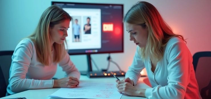 Two women reviewing a content strategy document under red and blue neon lights