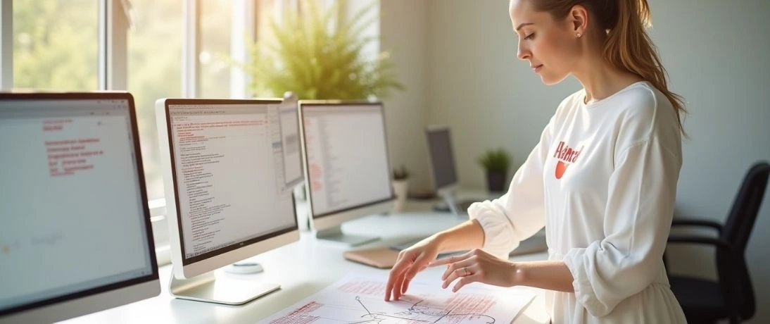 A woman analyzing data on multiple monitors, DevOps managed services