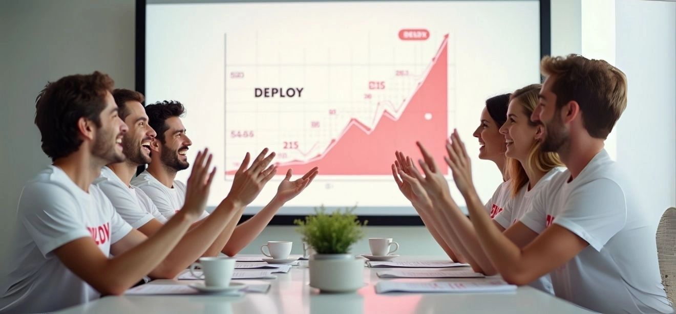 A team of people clapping in a meeting, happy about their DevOps deployment