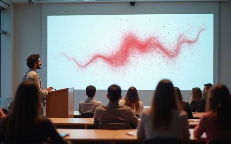 A presenter in a lecture hall with a data mining solution on a screen