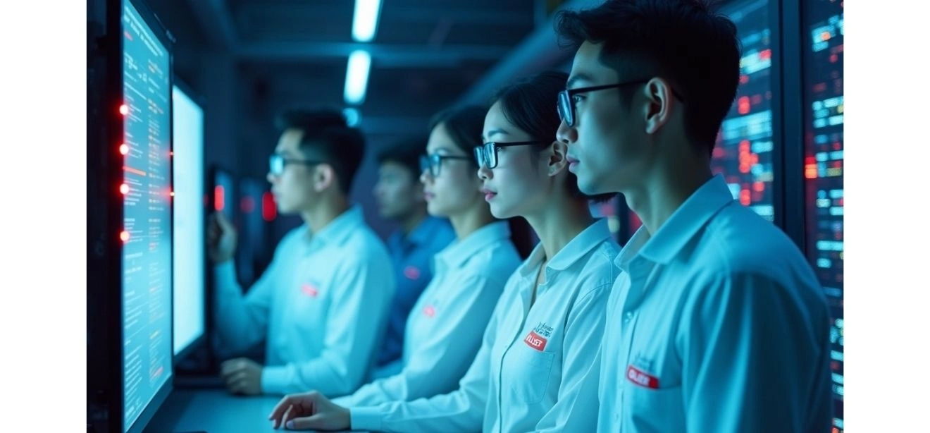 A team of specialists analyzing data on computer screens, a data mining company