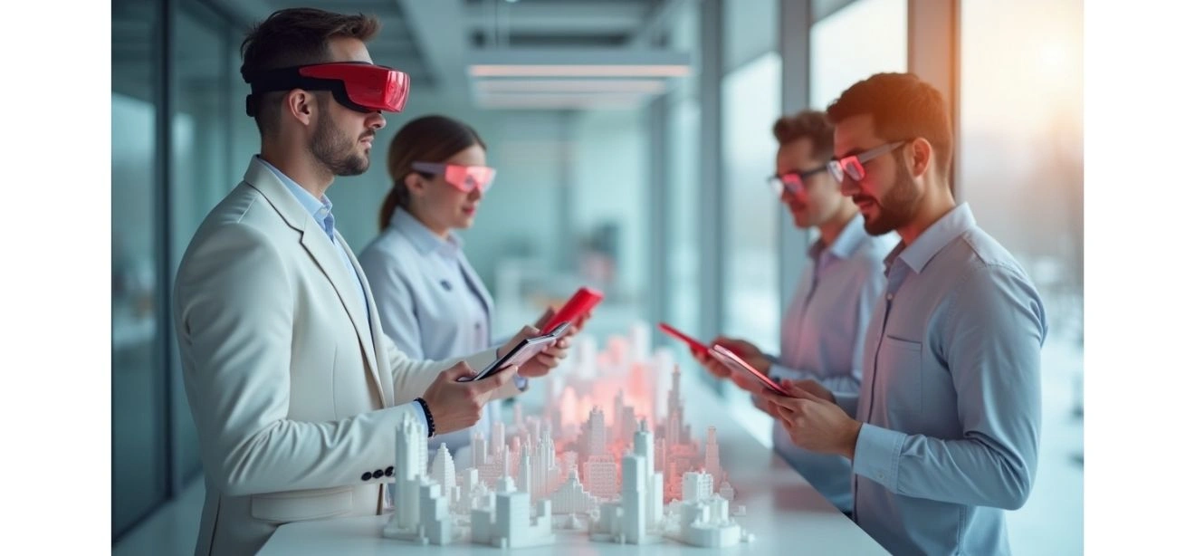 People wearing VR glasses to analyze a city model, a data mining solution