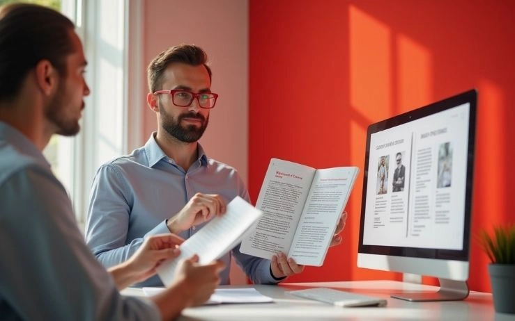 Two men discussing a book, ebook editing services