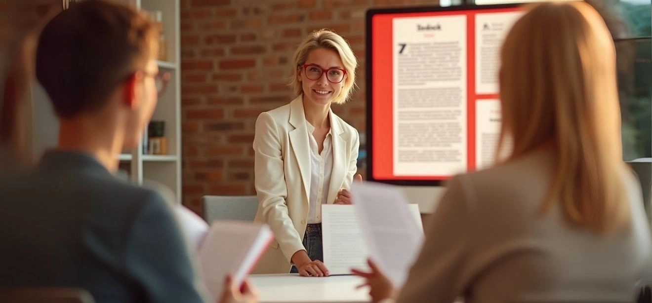 Woman presenting ebook cover design services to colleagues