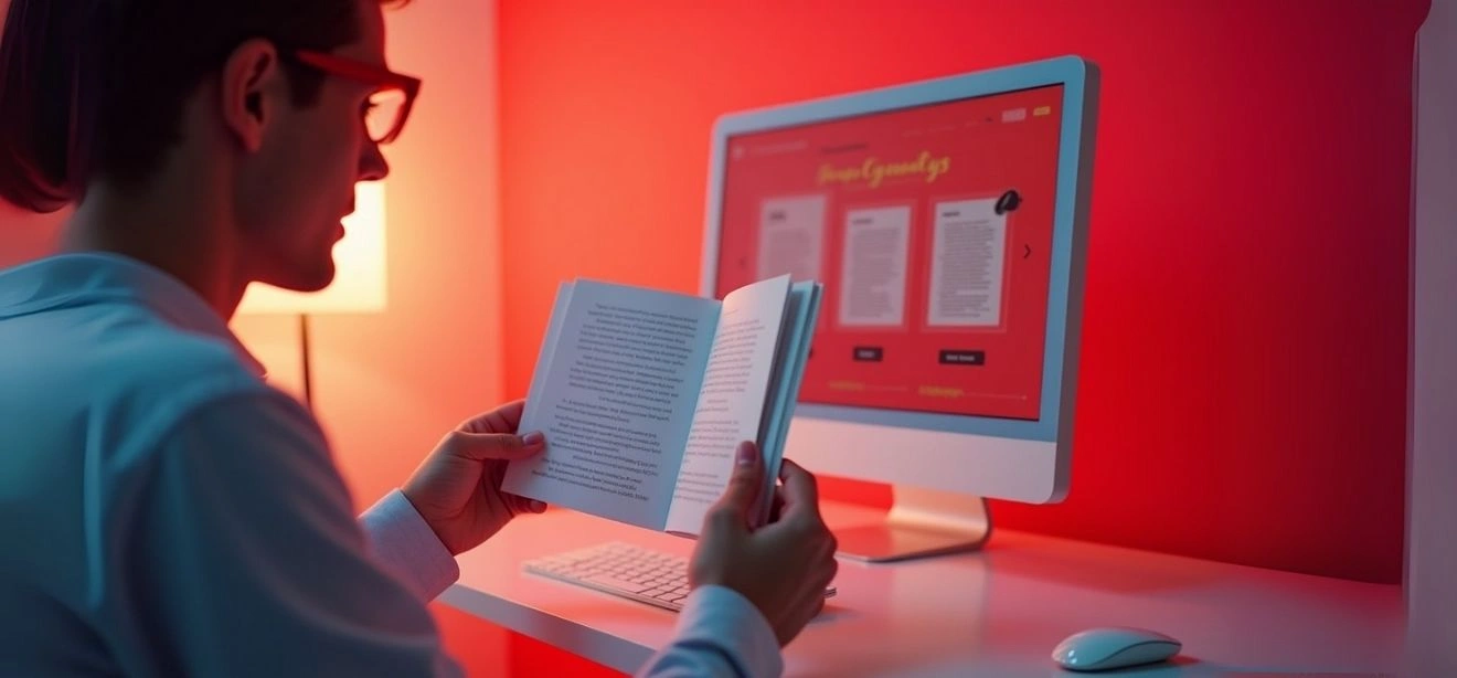 Man reading a book with a design on a computer screen, ebook services