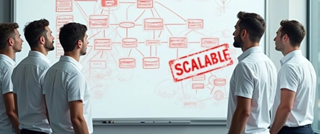 A group of people looking at a "scalable" diagram for erp software