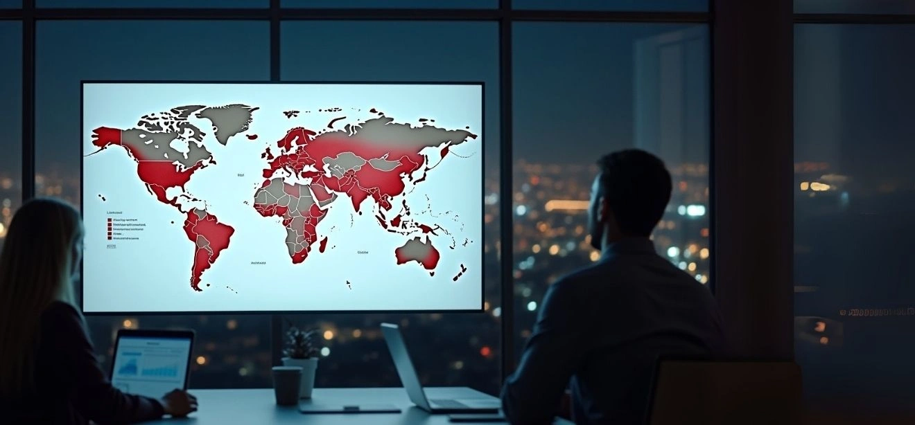 Two people in an office looking at a world map on a screen, erp development company