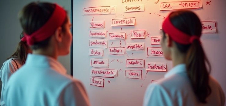 Two women in red headbands brainstorming on a whiteboard