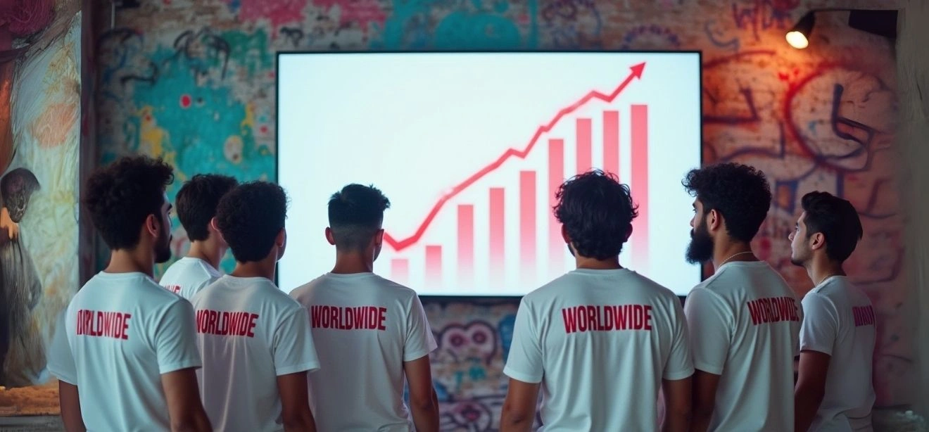 Young professionals with "Worldwide" shirts looking at a rising graph