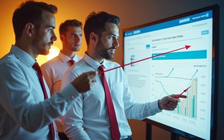 Three men pointing at a large screen with a LinkedIn marketing strategy chart
