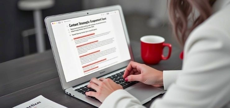 Woman working on laptop, developing a content strategic engagement for LinkedIn