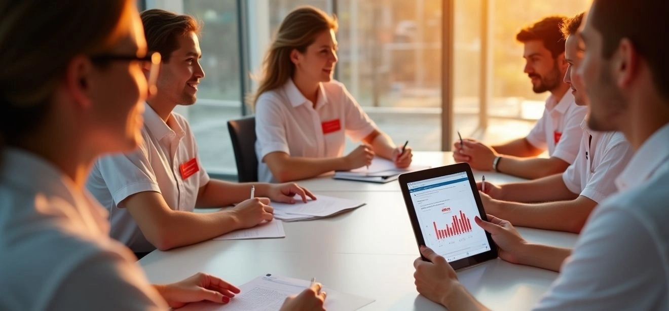 Group of diverse professionals discussing a LinkedIn marketing strategy