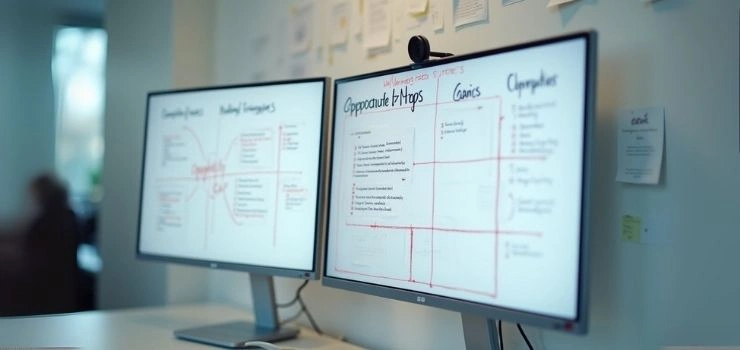 Multiple monitors displaying a local SEO strategy for a business