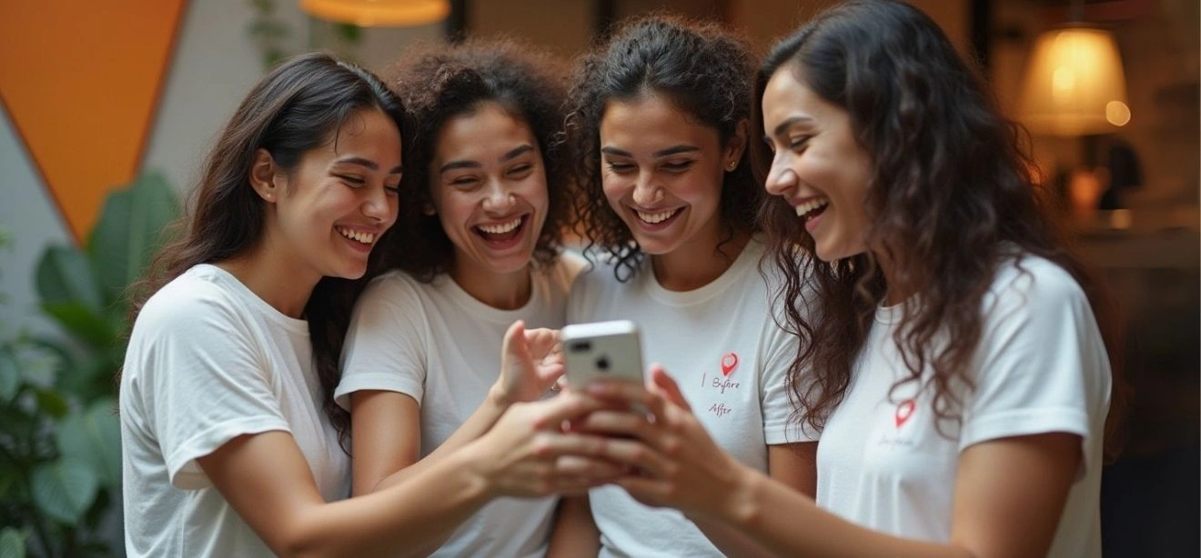 A group of women looking at a phone, laughing and enjoying their local SEO success