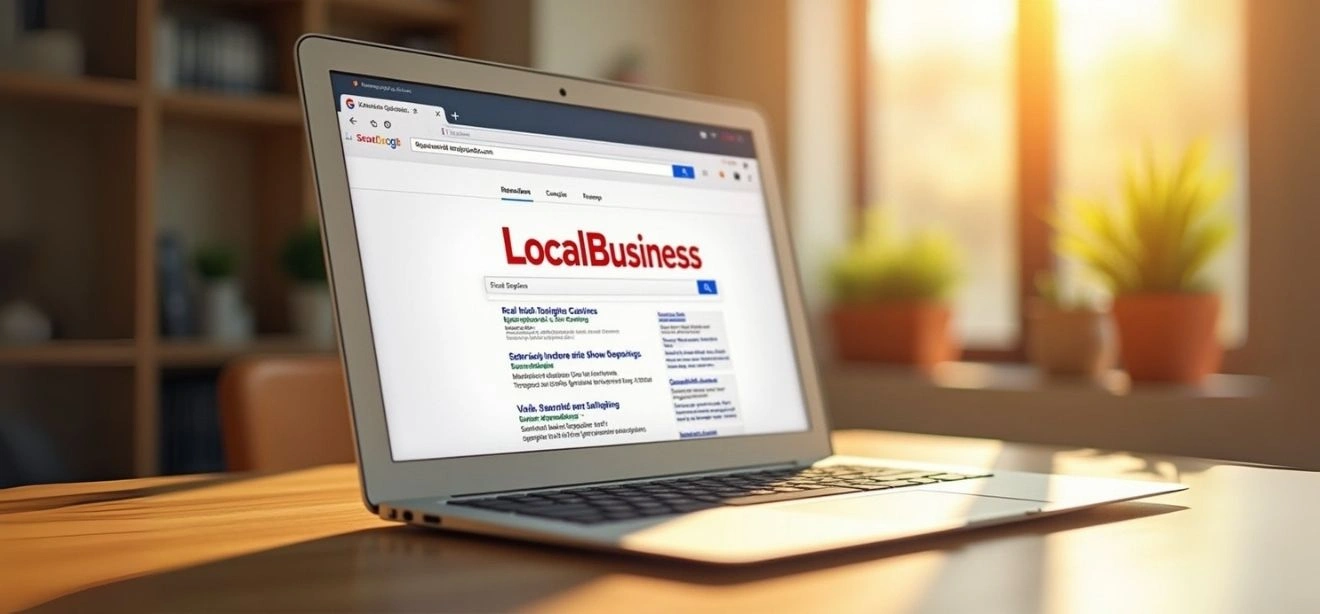 Laptop showing a "Local Business" search result, a local SEO consultant at work