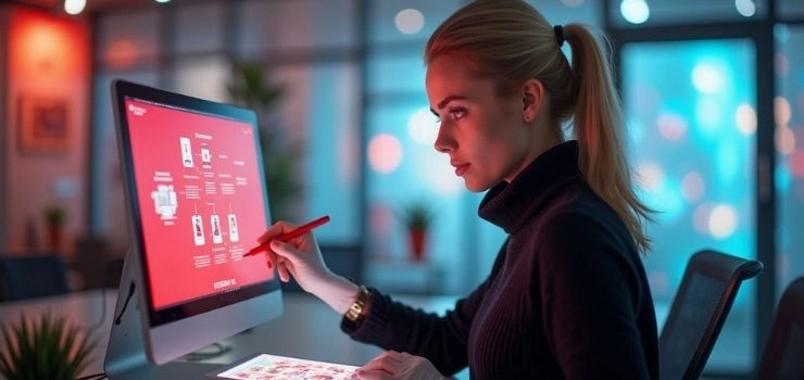A woman working on a paper and looking at a computer, mvp development services