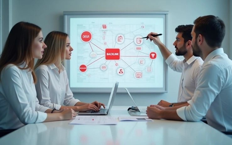 A team discussing a backlink strategy, a link building agency